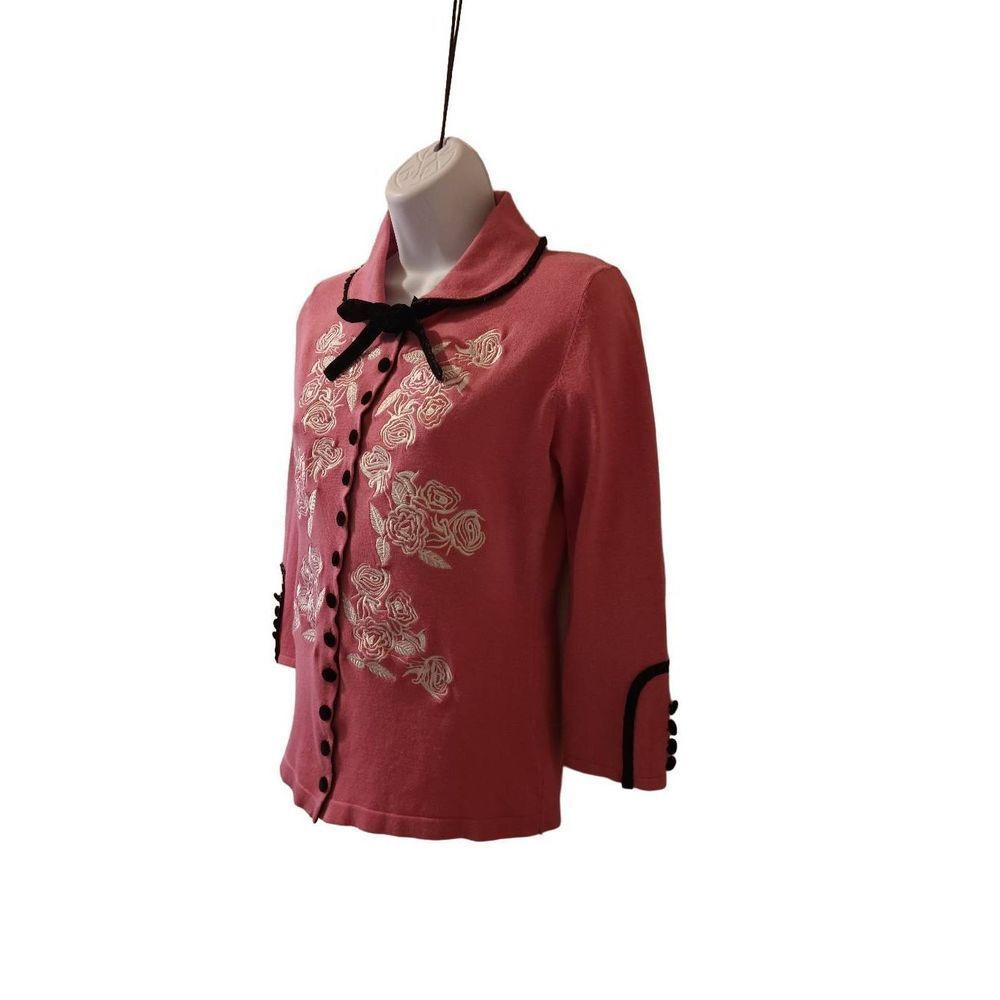 Embroidered Rose Button-Up Cardigan - Coral with Black Trim - Picture 9 of 14